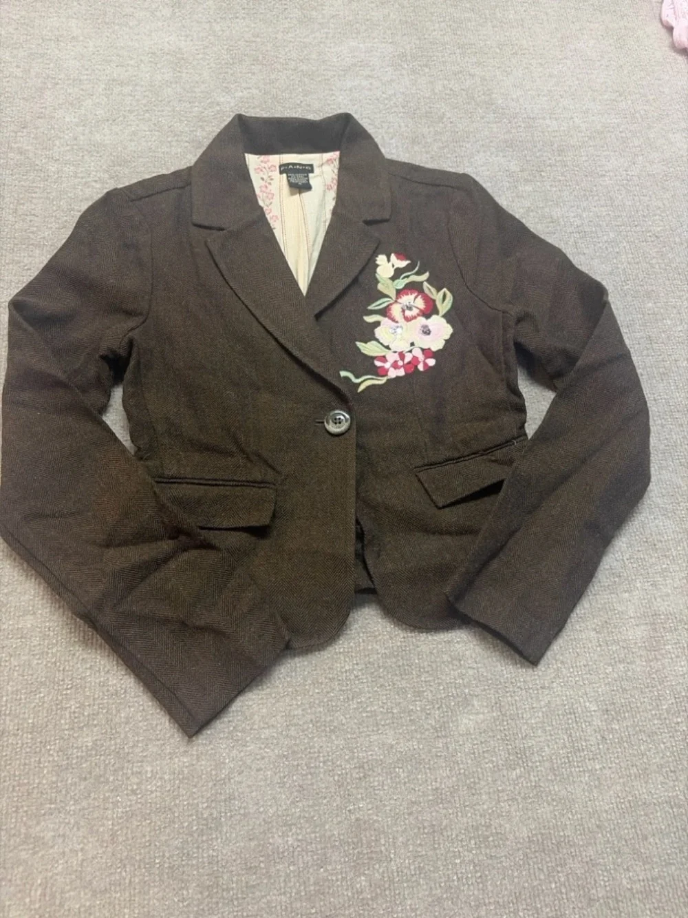 Y2K Cropped Embroidered Blazer Brown Tweed Sequin Floral Jacket Small 0841
